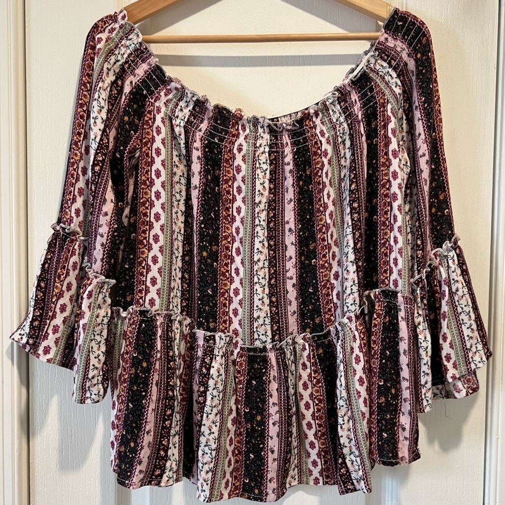 No Comment Smocked Printed Bell Sleeve Off The Shoulder Peasant Blouse. Size M